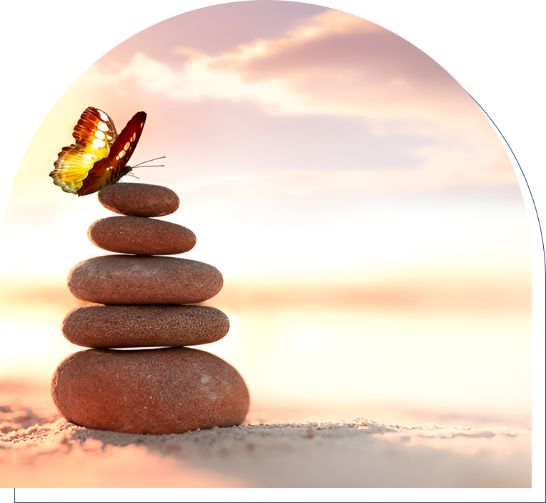 A stack of rocks with a butterfly sitting on top.